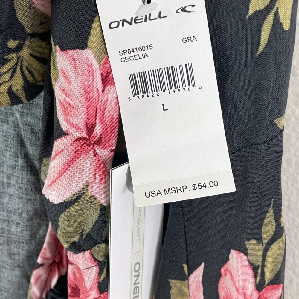 NEW $54 O'Neill Womens Large Charcoal Gray Floral Print Cold Shoulder Wrap Dress - Picture 6 of 12